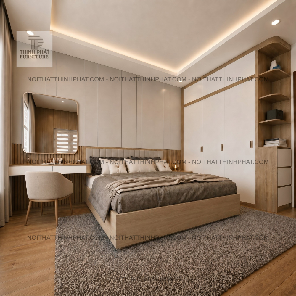 Combo Nội Thất Phòng Ngủ Màu Gỗ Sồi Phối Trắng Hiện Đại Sang Trọng – PN03